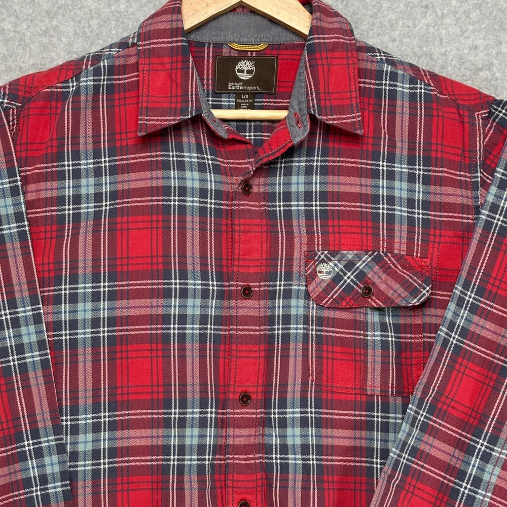 Timberland Earthkeepers Mens Large Red Blue Plaid Flannel Button Down Shirt